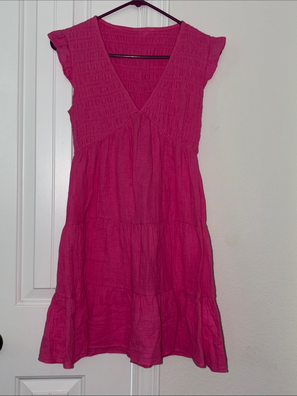 Smocked V-Neck Flutter-Sleeve Swim Coverup in Fuchsia Pink